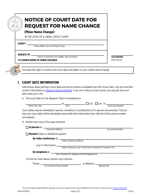 Form NCM-N2007.6 Notice of Court Date for Request for Name Change (Minor Name Change) - Illinois