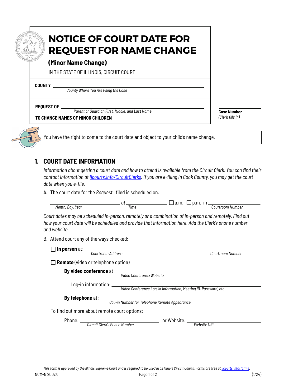 Form NCM-N2007.6 Notice of Court Date for Request for Name Change (Minor Name Change) - Illinois, Page 1