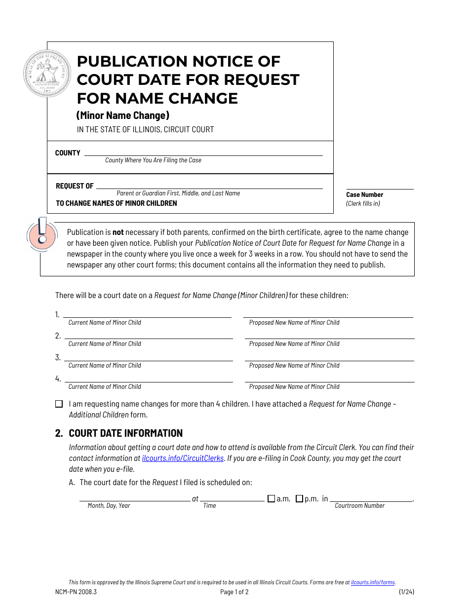 Form NCM-PN2008.3 Publication Notice of Court Date for Request for Name Change (Minor Name Change) - Illinois, Page 1
