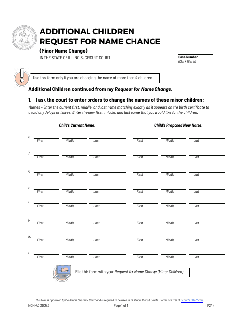 Form NCM-AC2005.3 Additional Children Request for Name Change (Minor Name Change) - Illinois