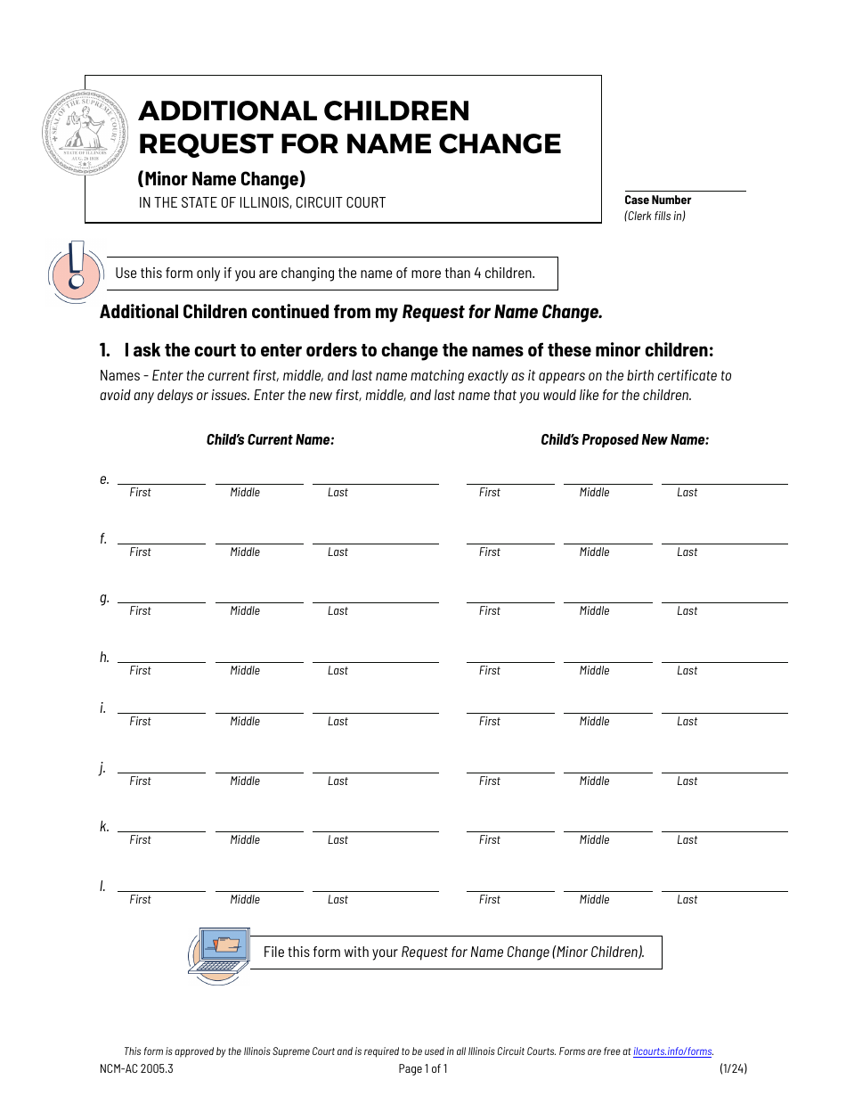 Form NCM-AC2005.3 Additional Children Request for Name Change (Minor Name Change) - Illinois, Page 1