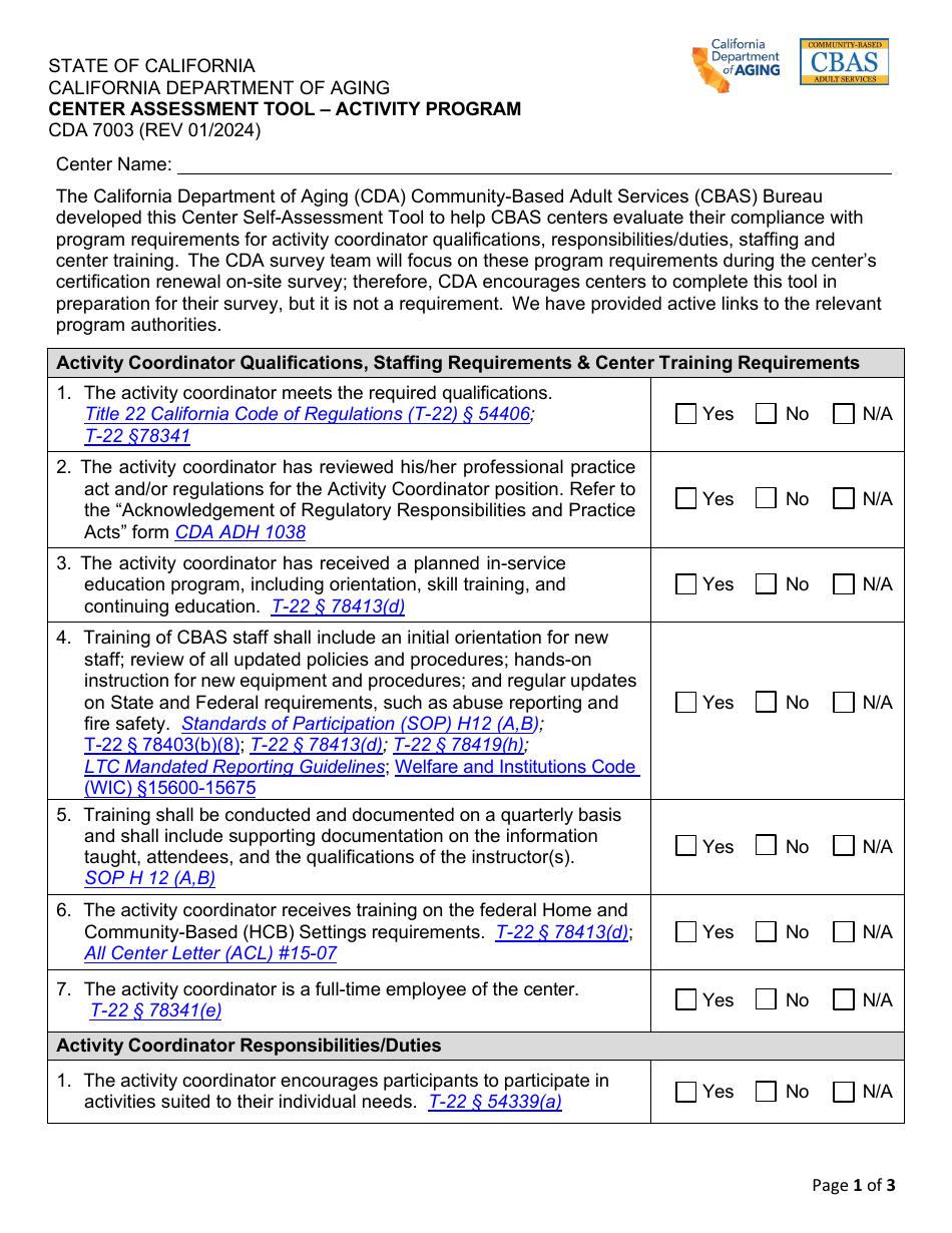 Form CDA7003 Center Assessment Tool - Activity Program - California, Page 1