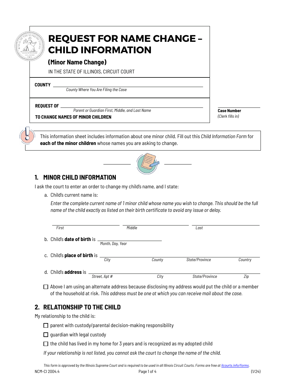 Form NCM-CI2004.4 Request for Name Change - Child Information (Minor Name Change) - Illinois, Page 1