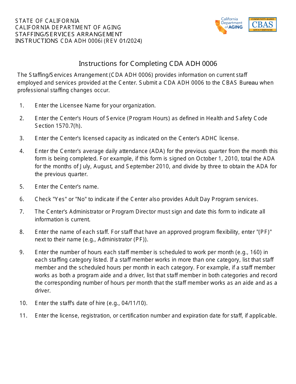 Instructions for Form CDA ADH0006 Staffing / Services Arrangement - California, Page 1