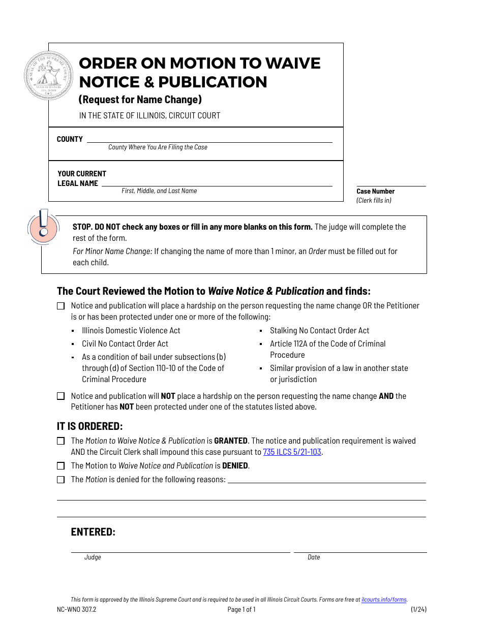 Form NC-WNO307.2 Order on Motion to Waive Notice  Publication (Request for Name Change) - Illinois, Page 1