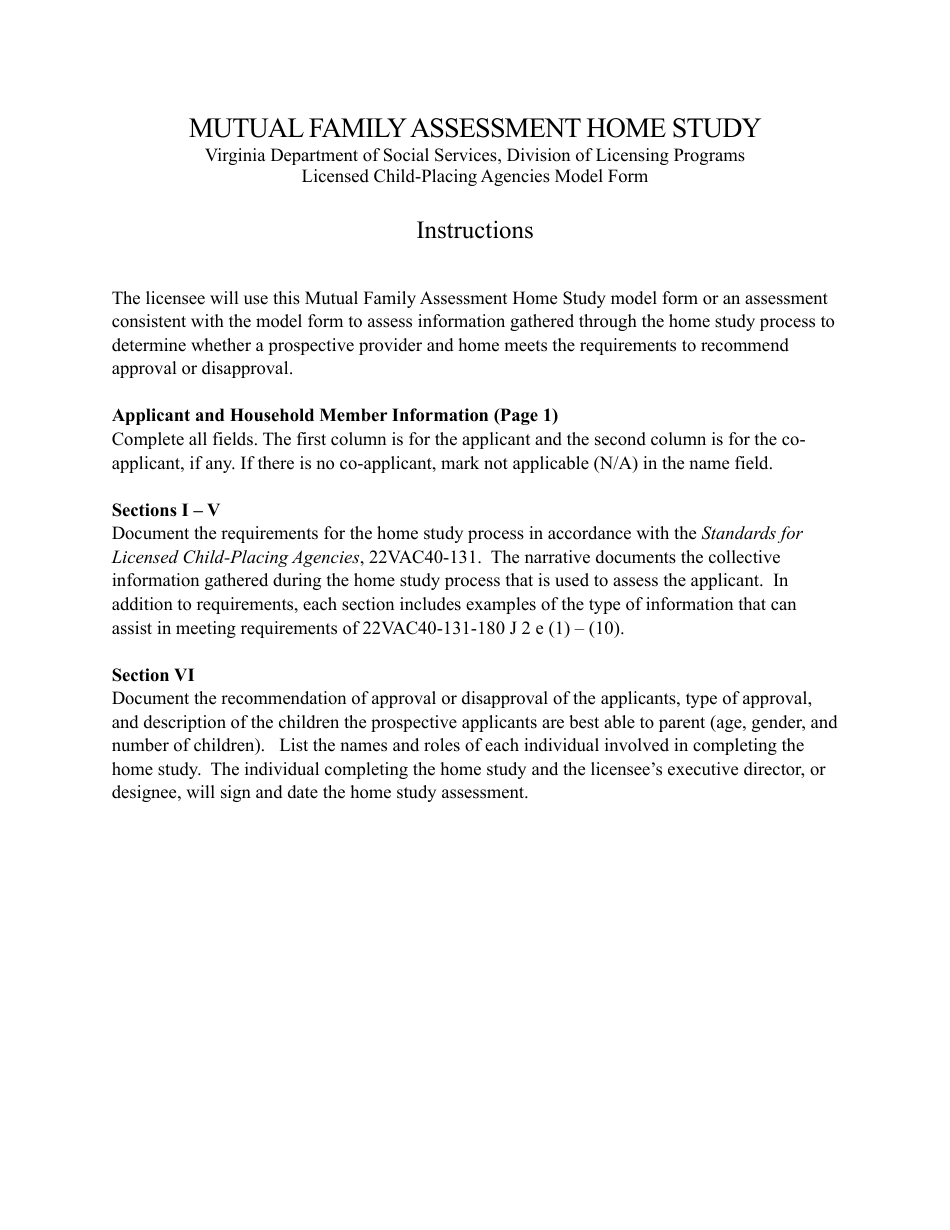 Mutual Family Assessment Model Form - Virginia, Page 1