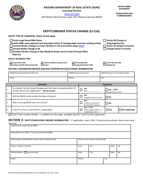 Form LI-216 Entity/Broker Status Change - Arizona