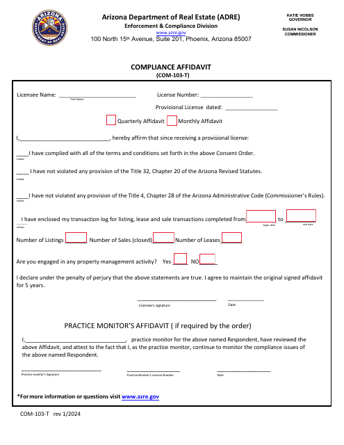 Form COM-103-T Compliance Affidavit - Arizona