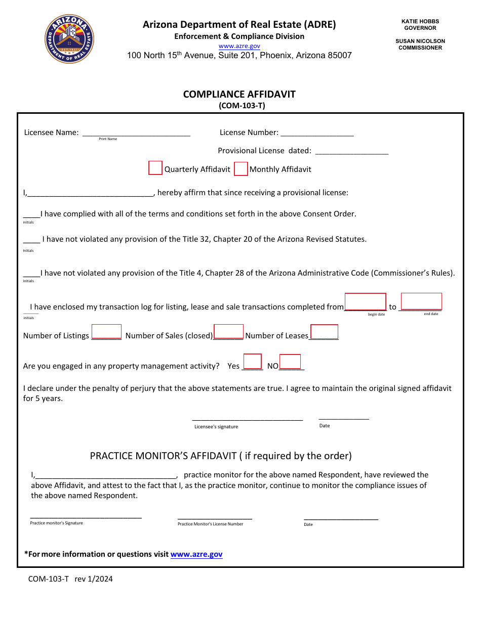 Form COM-103-T Compliance Affidavit - Arizona, Page 1