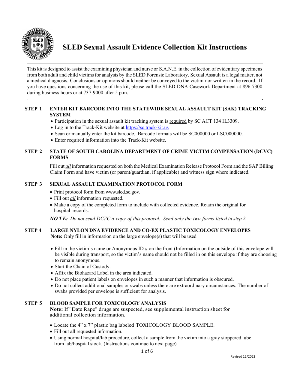 Sexual Assault Evidence Collection Kit Instructions - Envelope-Style - South Carolina, Page 1