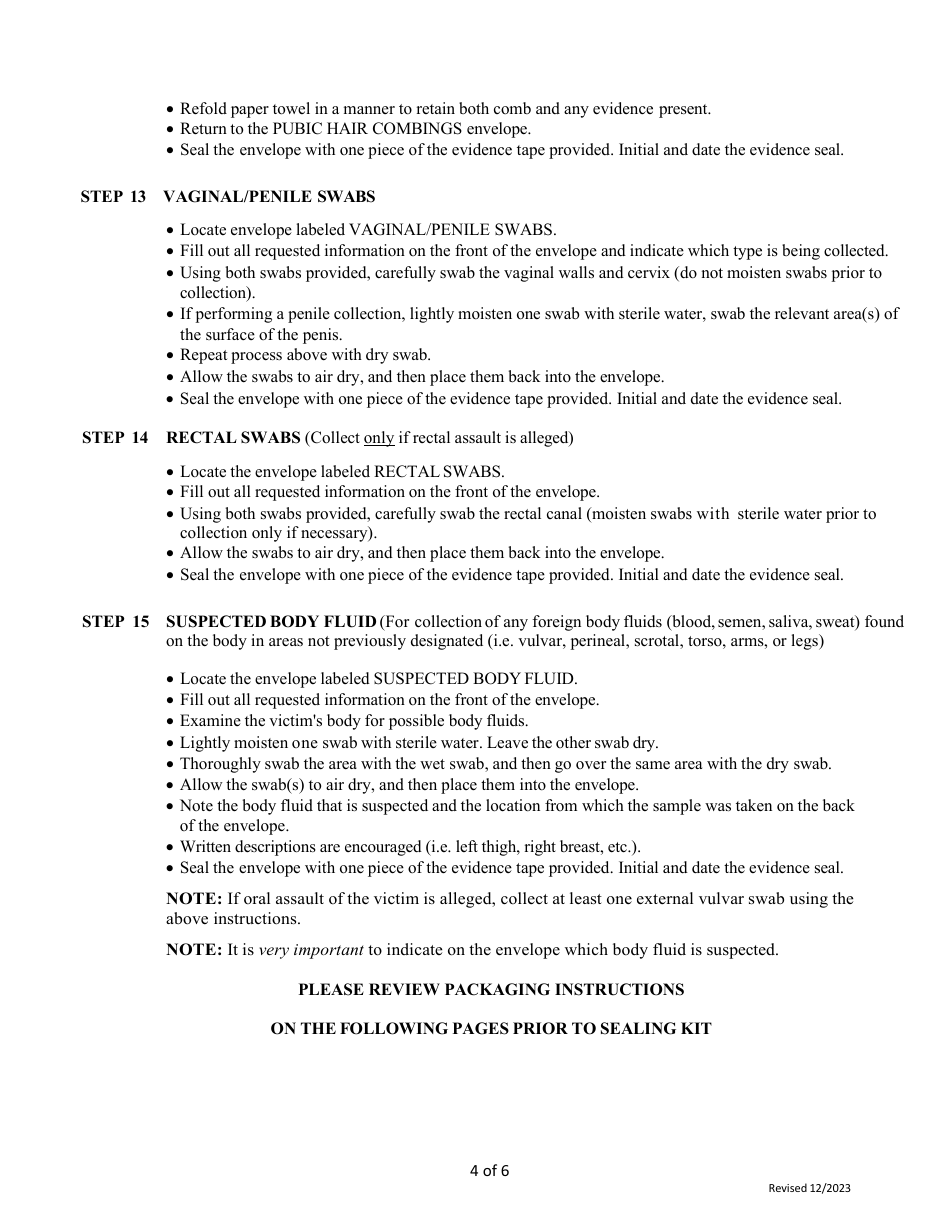 South Carolina Sexual Assault Evidence Collection Kit Instructions