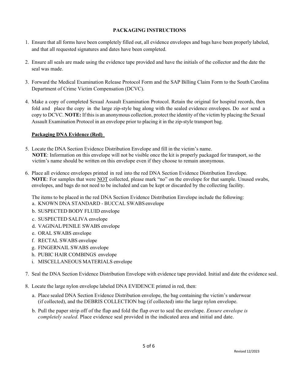 South Carolina Sexual Assault Evidence Collection Kit Instructions