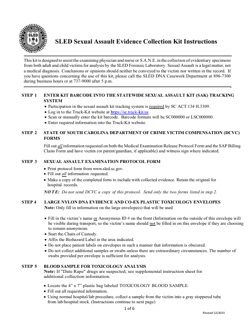 Sexual Assault Evidence Collection Kit Instructions - Envelope-Style - South Carolina