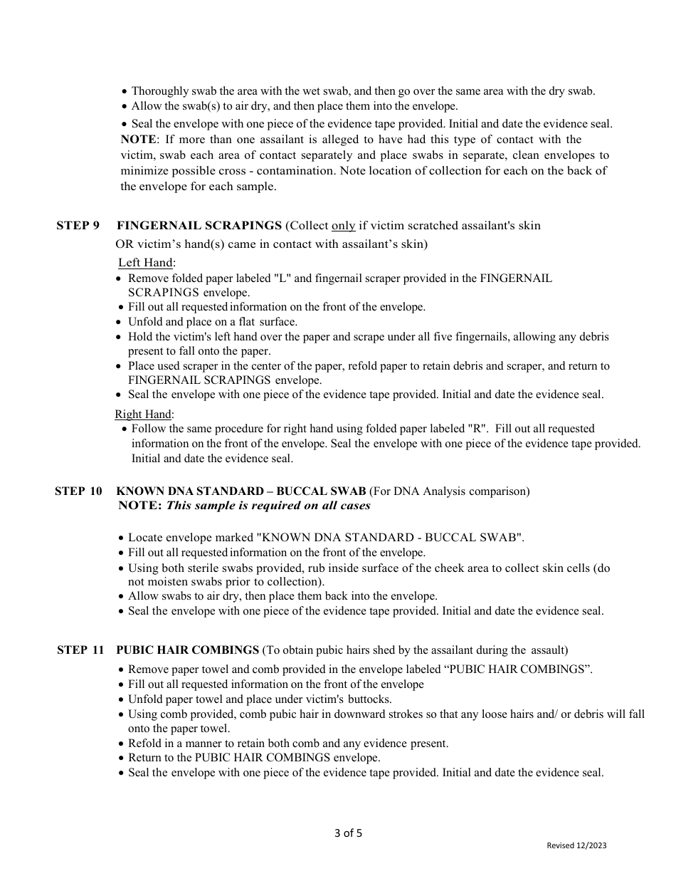 South Carolina Sexual Assault Evidence Collection Kit Instructions