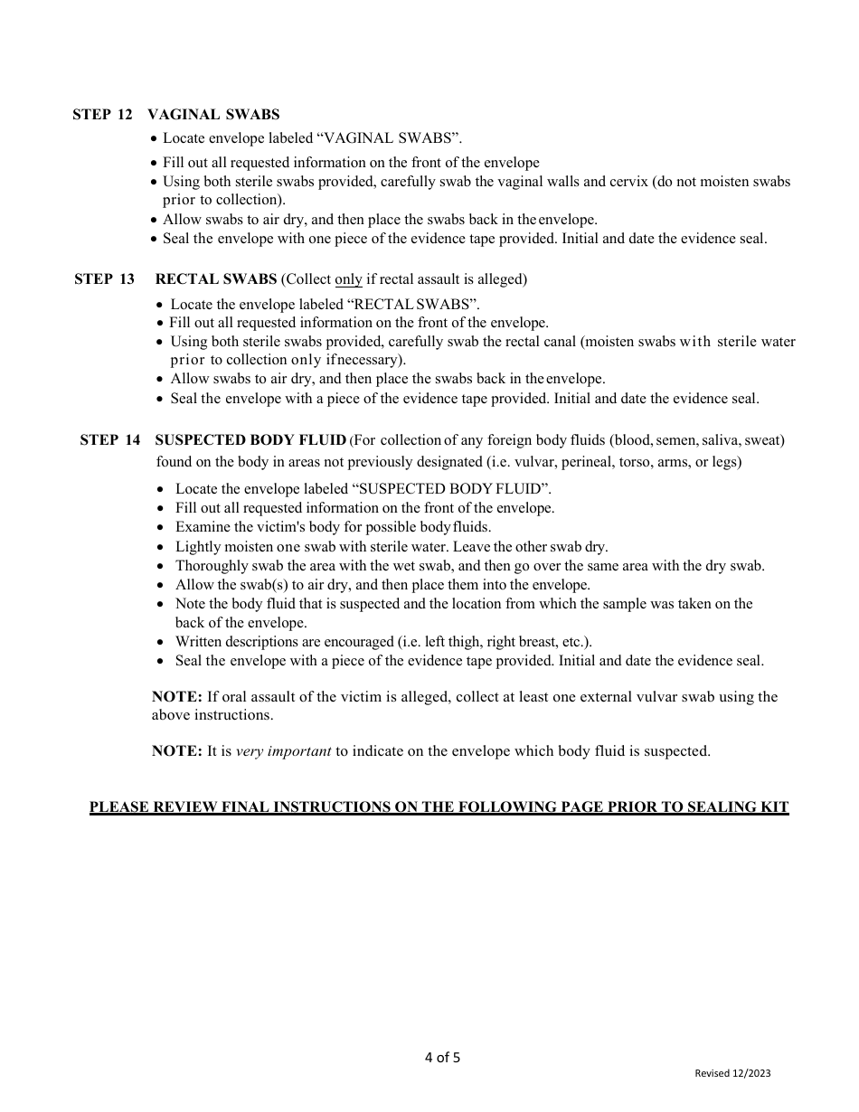 South Carolina Sexual Assault Evidence Collection Kit Instructions