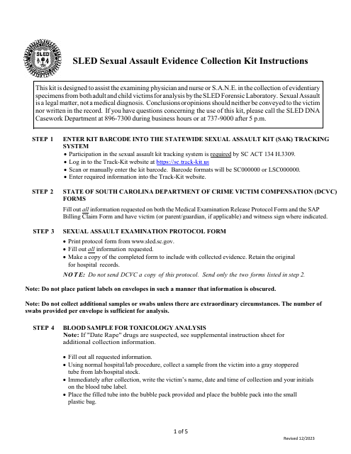 Sexual Assault Evidence Collection Kit Instructions - Box-Style - South Carolina