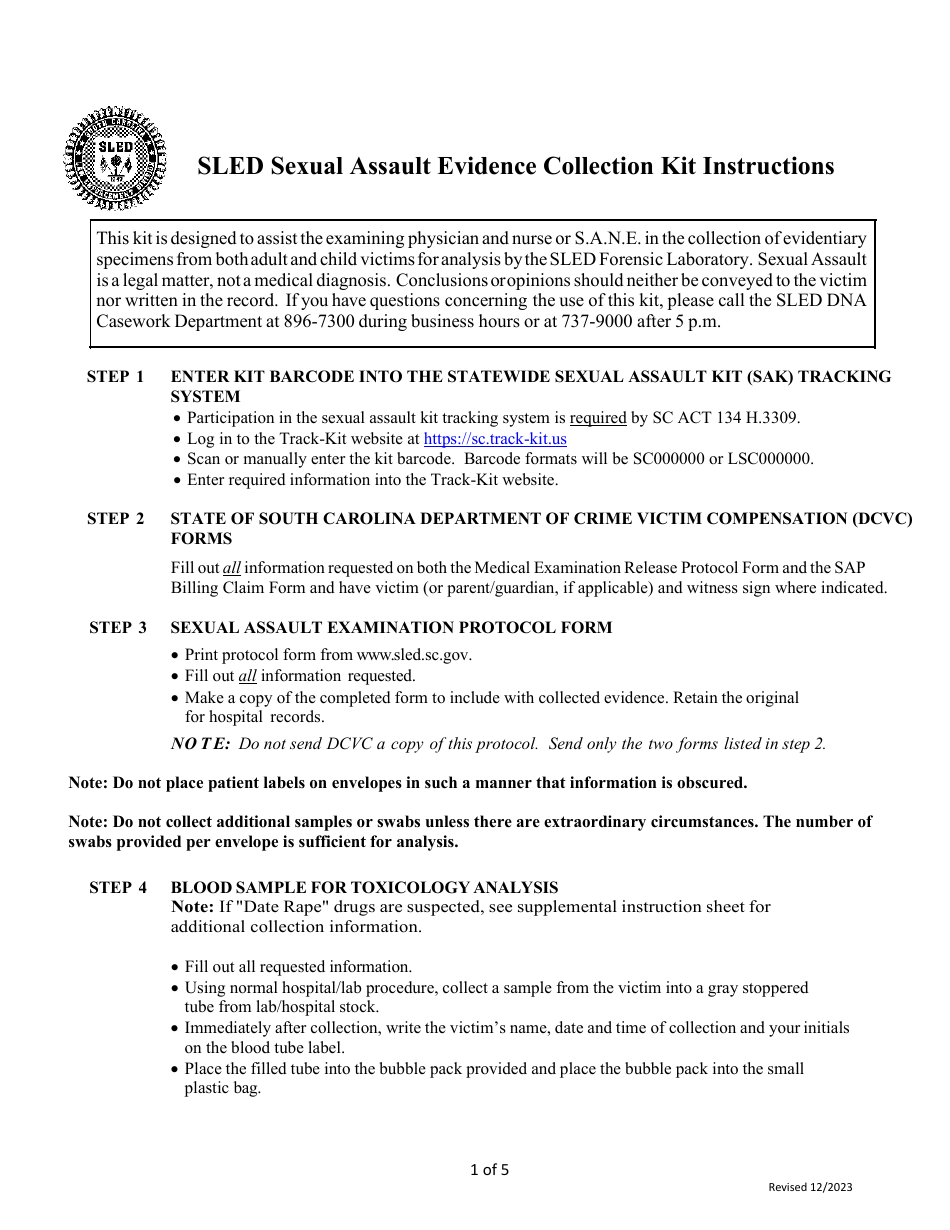 South Carolina Sexual Assault Evidence Collection Kit Instructions