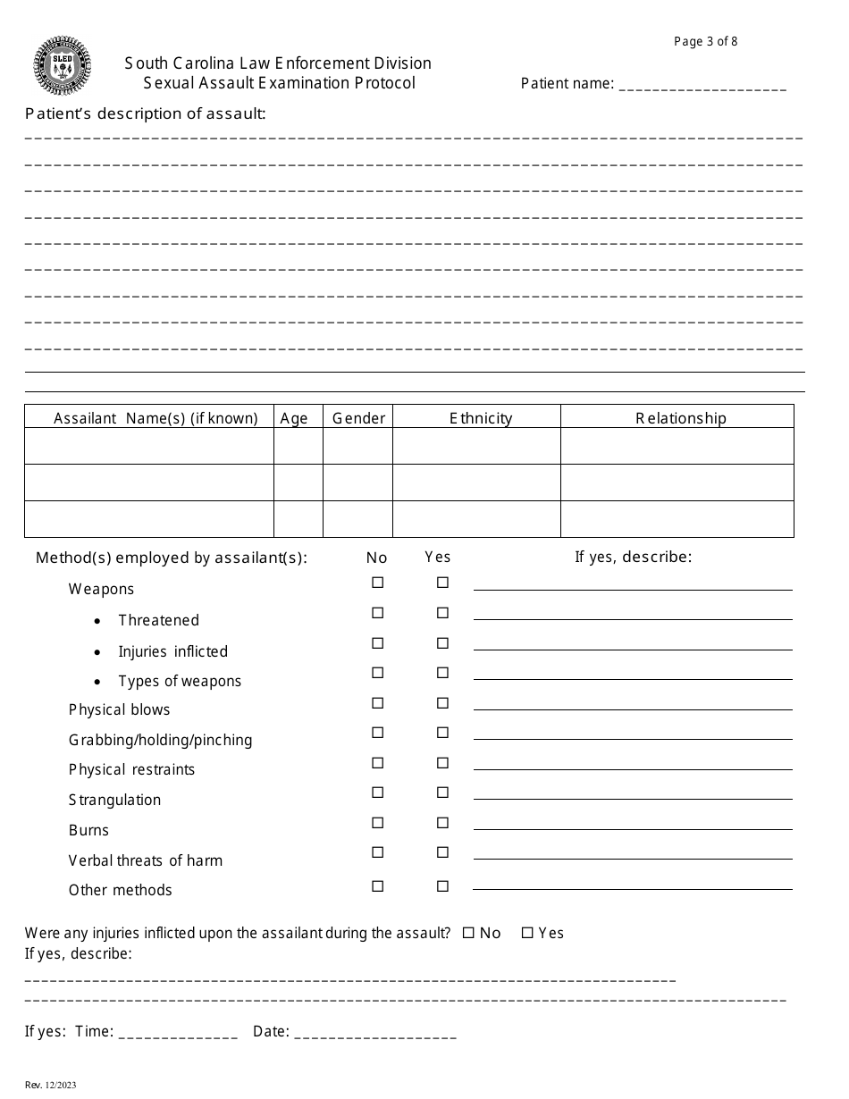 South Carolina Sexual Assault Examination Protocol Box Style Download Printable Pdf 4380