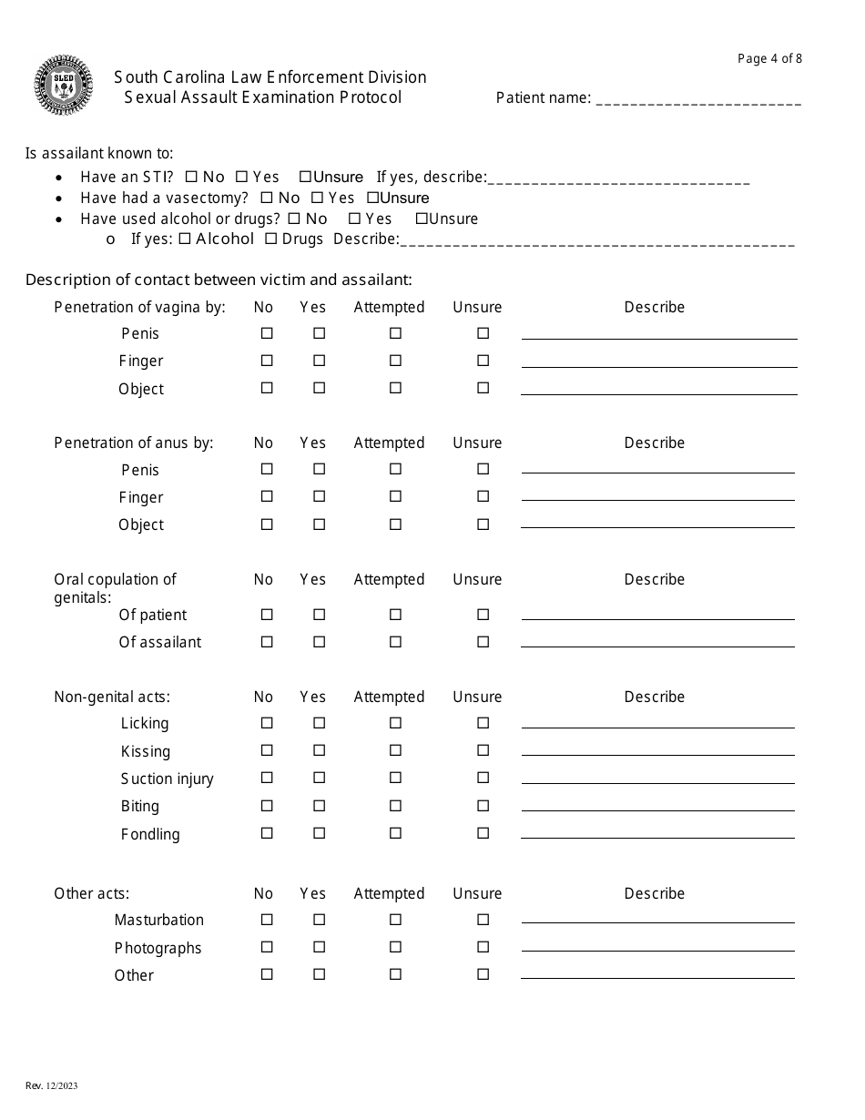 South Carolina Sexual Assault Examination Protocol Box Style Download Printable Pdf 8361