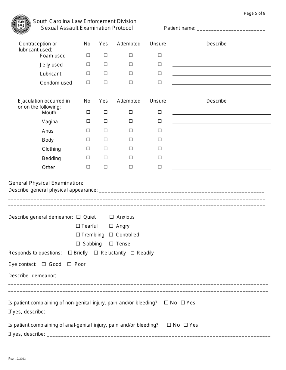 Sexual Assault Examination Protocol - Box-Style - South Carolina, Page 5