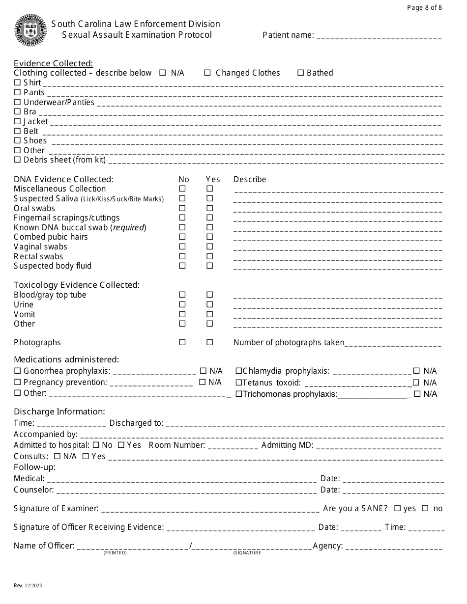 South Carolina Sexual Assault Examination Protocol Box Style Download Printable Pdf 1603