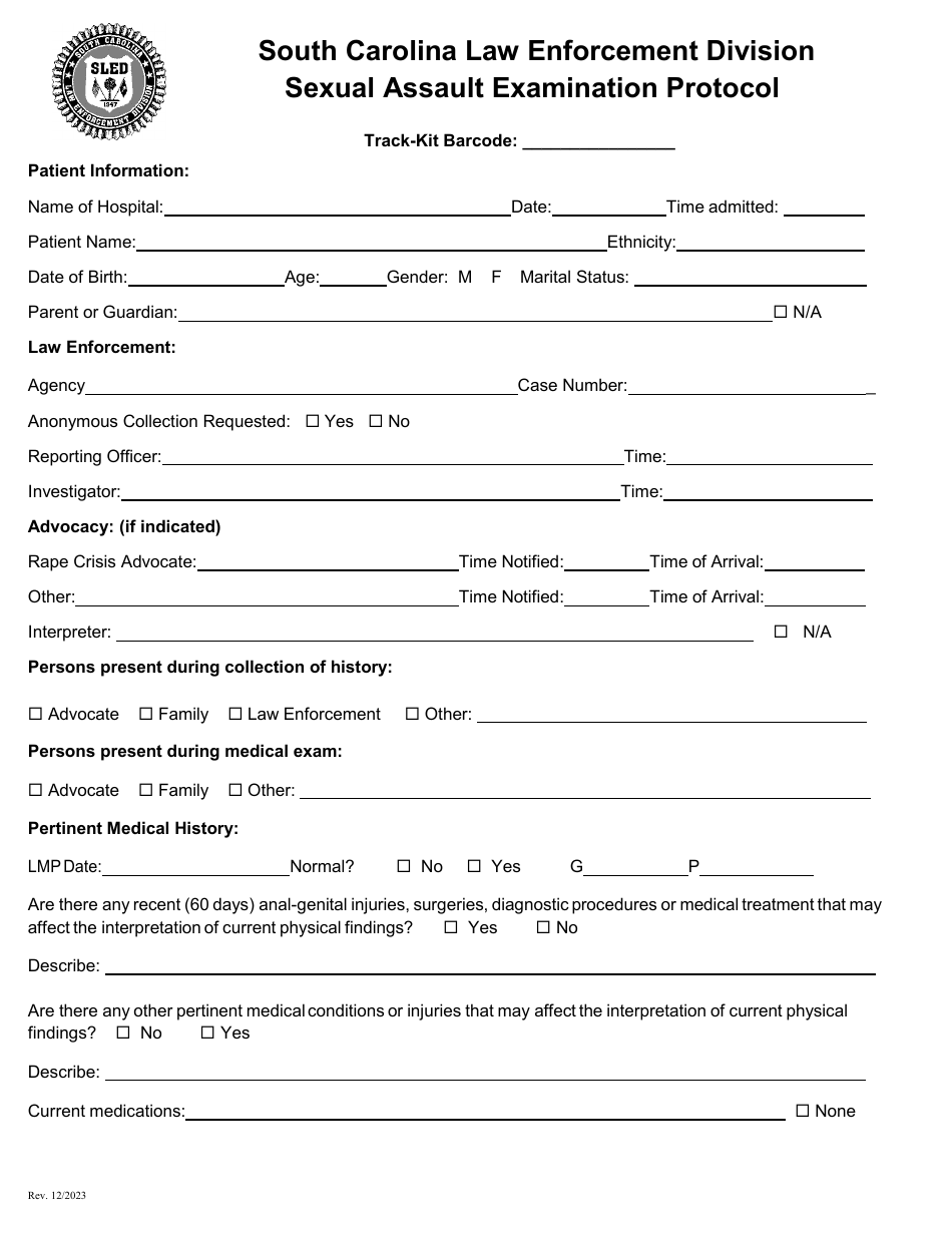 Sexual Assault Examination Protocol - Envelope-Style - South Carolina, Page 1
