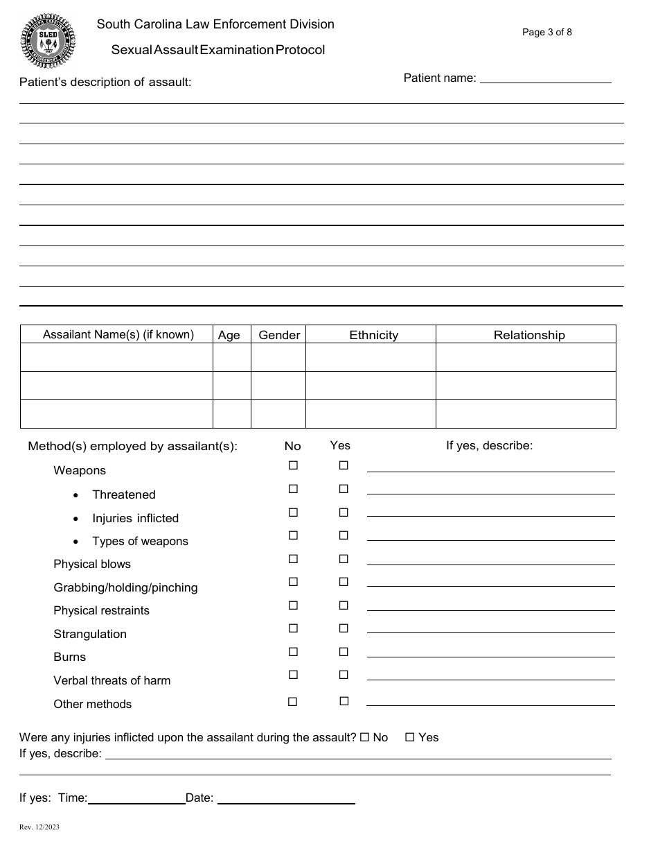 Sexual Assault Examination Protocol - Envelope-Style - South Carolina, Page 3