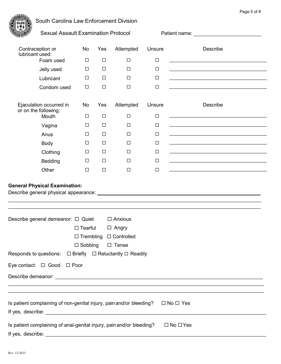 South Carolina Sexual Assault Examination Protocol Envelope Style Download Printable Pdf 2023 0948