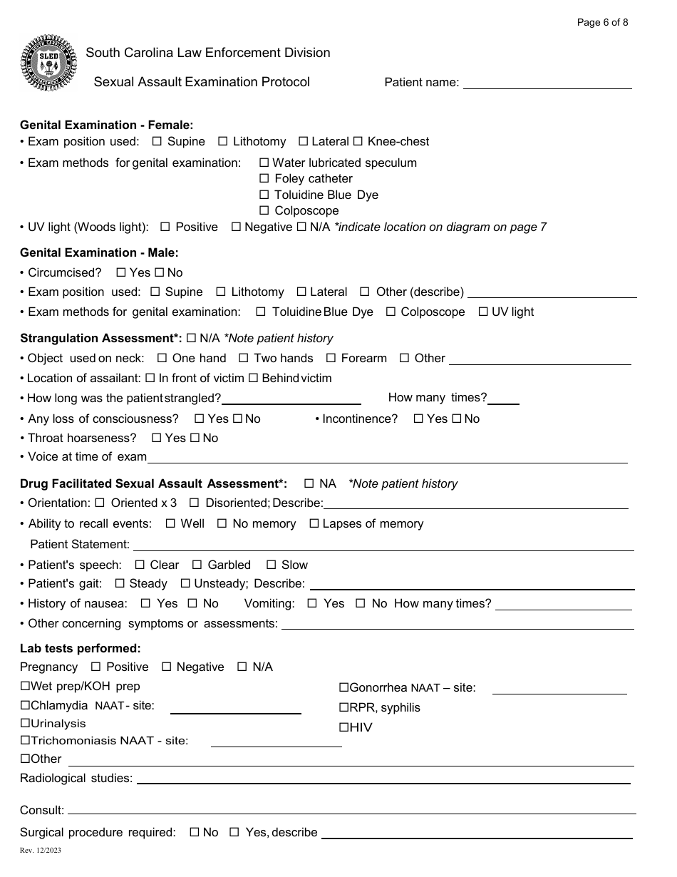 Sexual Assault Examination Protocol - Envelope-Style - South Carolina, Page 6