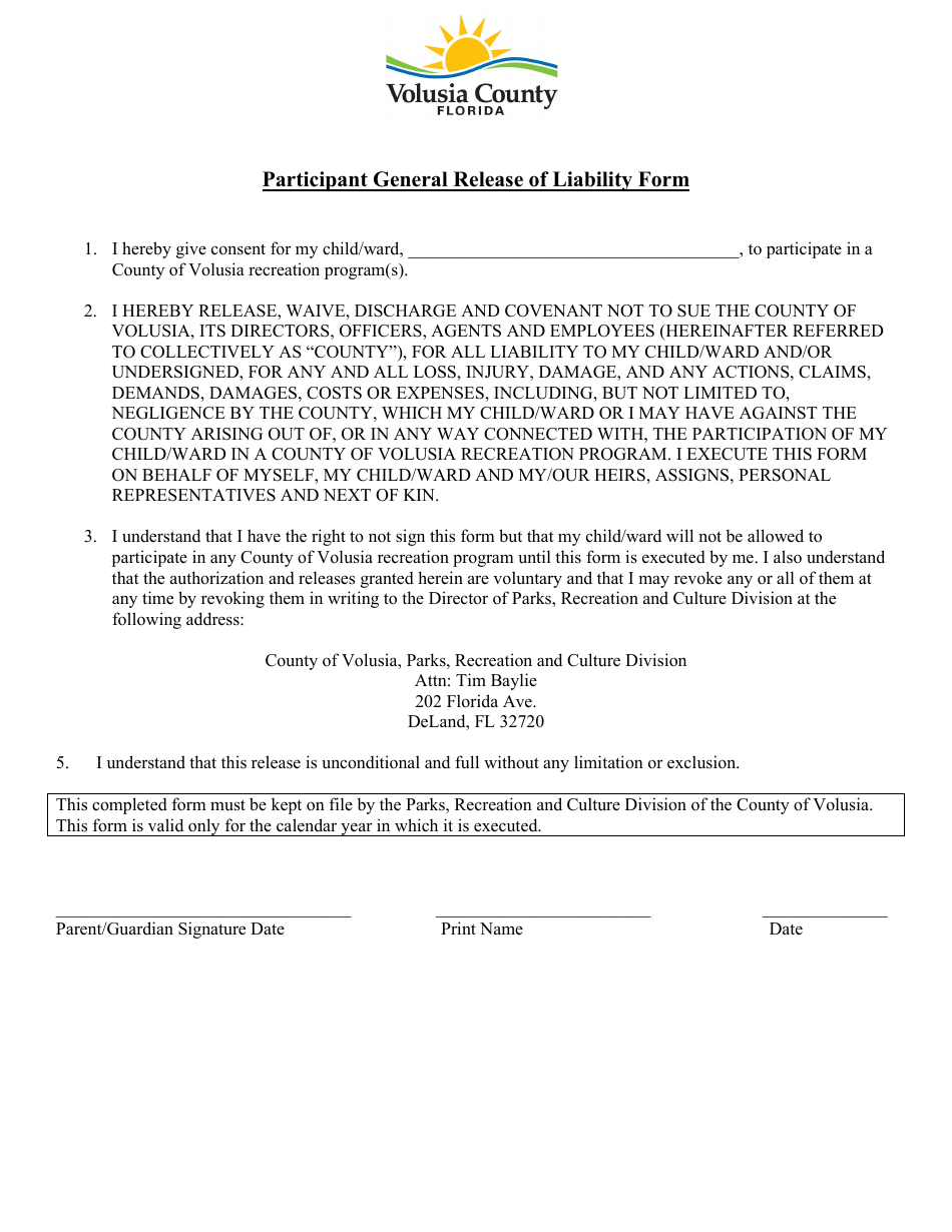 Participant General Release of Liability Form - Volusia County, Florida, Page 1