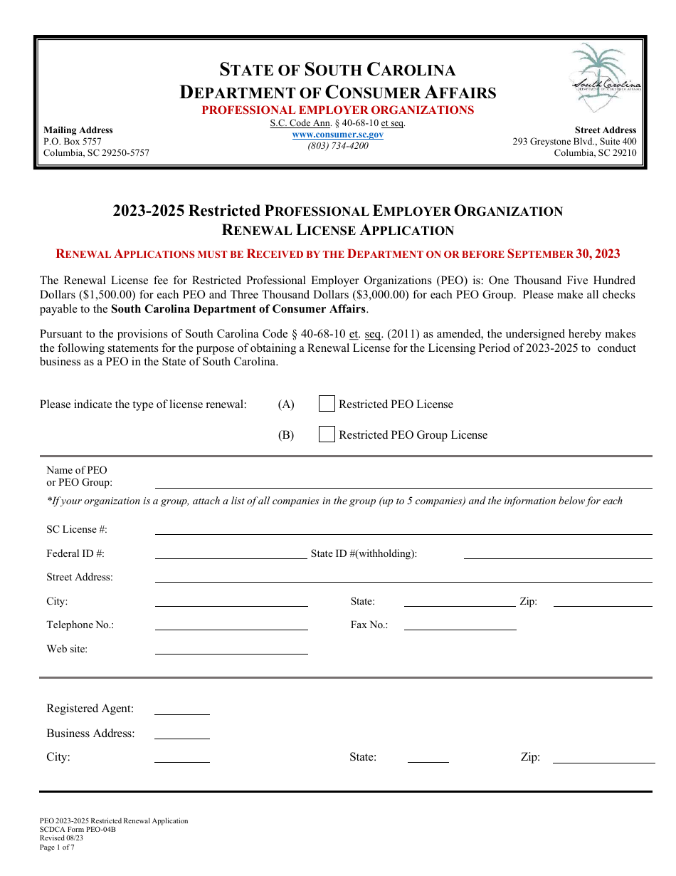 SCDCA Form PEO-04B Restricted Professional Employer Organization Renewal License Application - South Carolina, Page 1