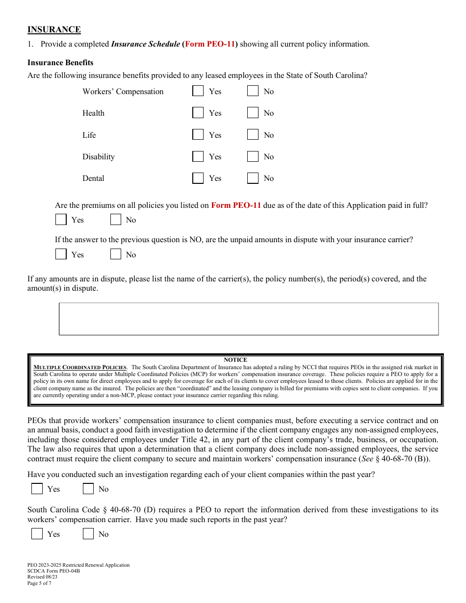 SCDCA Form PEO-04B Restricted Professional Employer Organization Renewal License Application - South Carolina, Page 5
