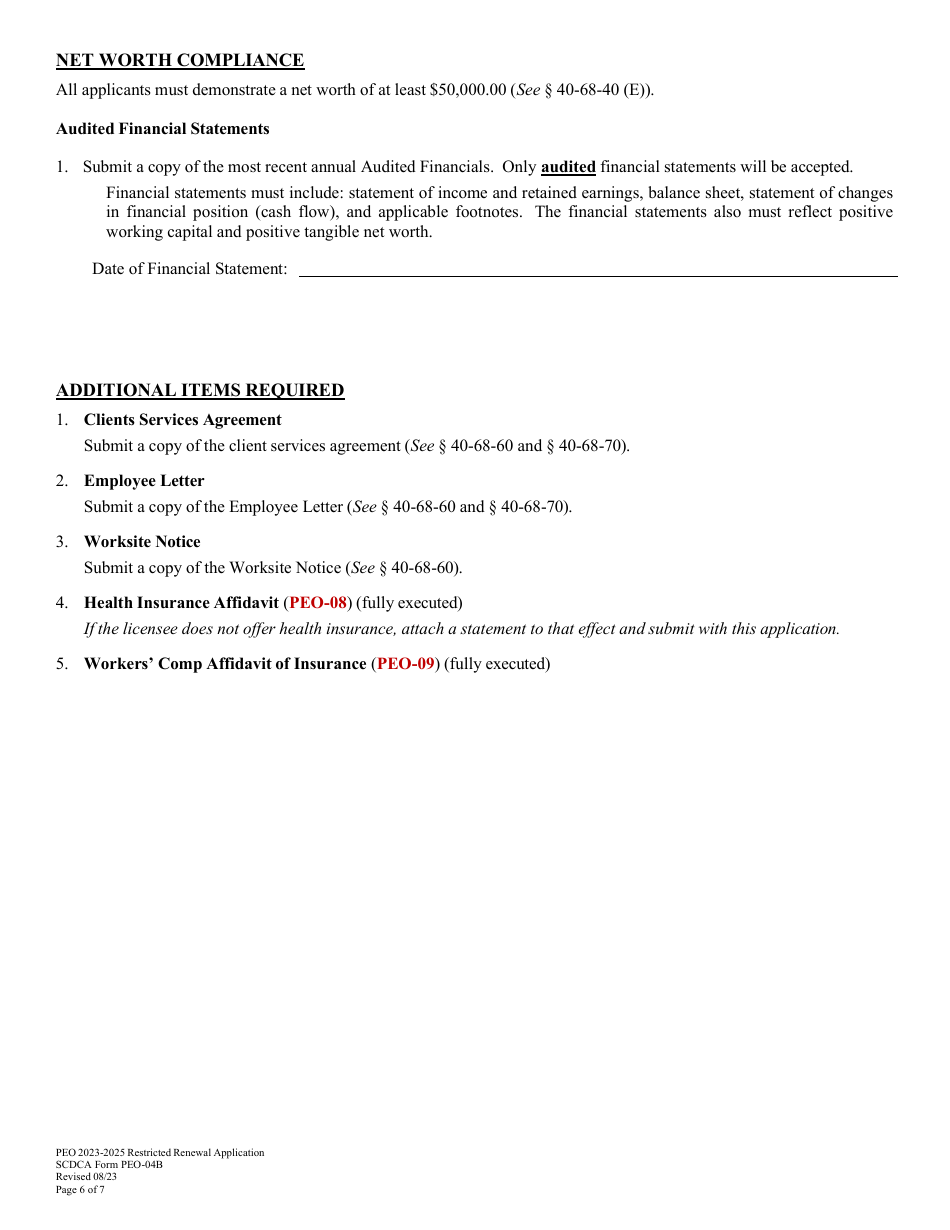 SCDCA Form PEO-04B Restricted Professional Employer Organization Renewal License Application - South Carolina, Page 6