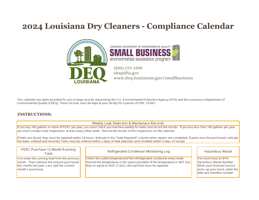 Louisiana Dry Cleaners - Compliance Calendar - Louisiana, 2024