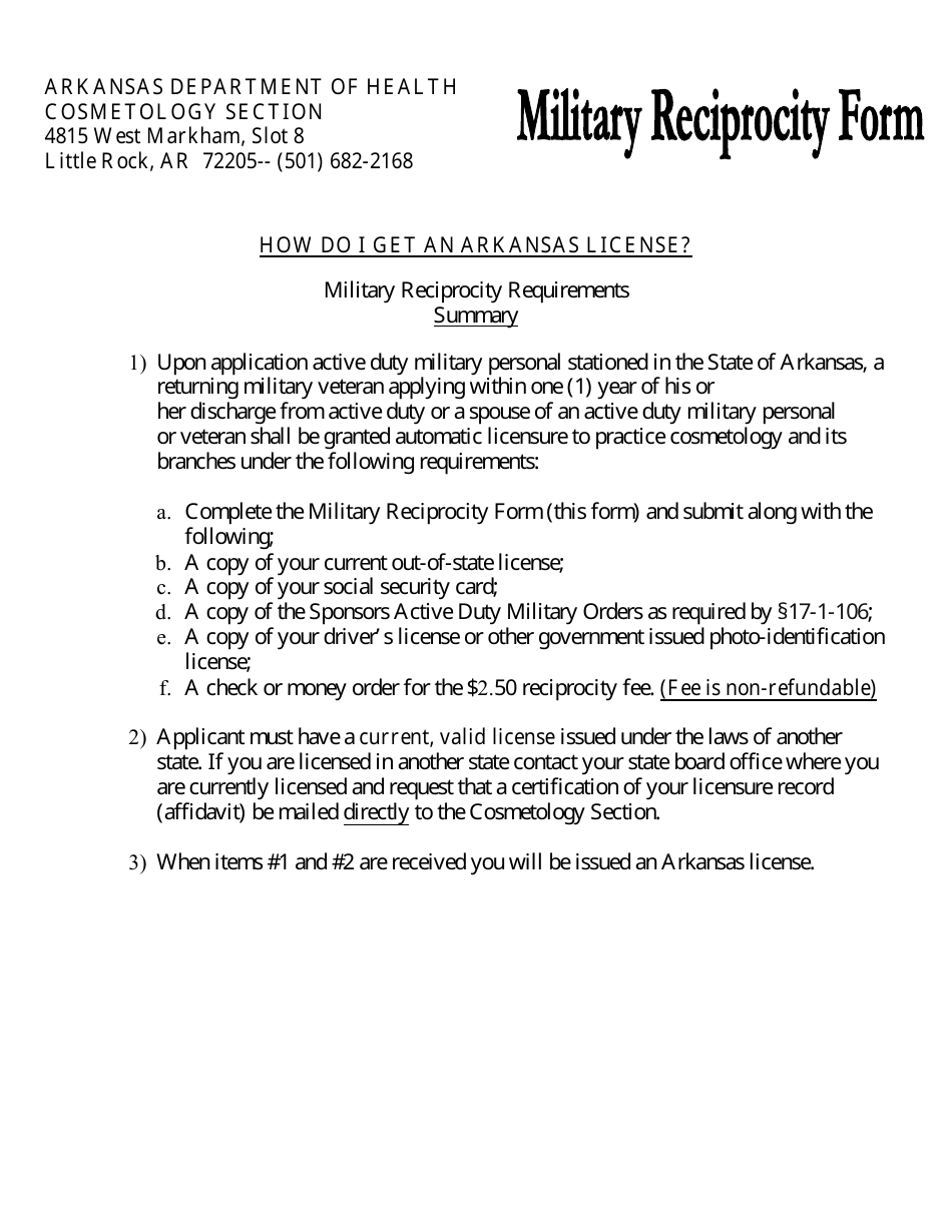 Military Reciprocity Form - Arkansas, Page 1
