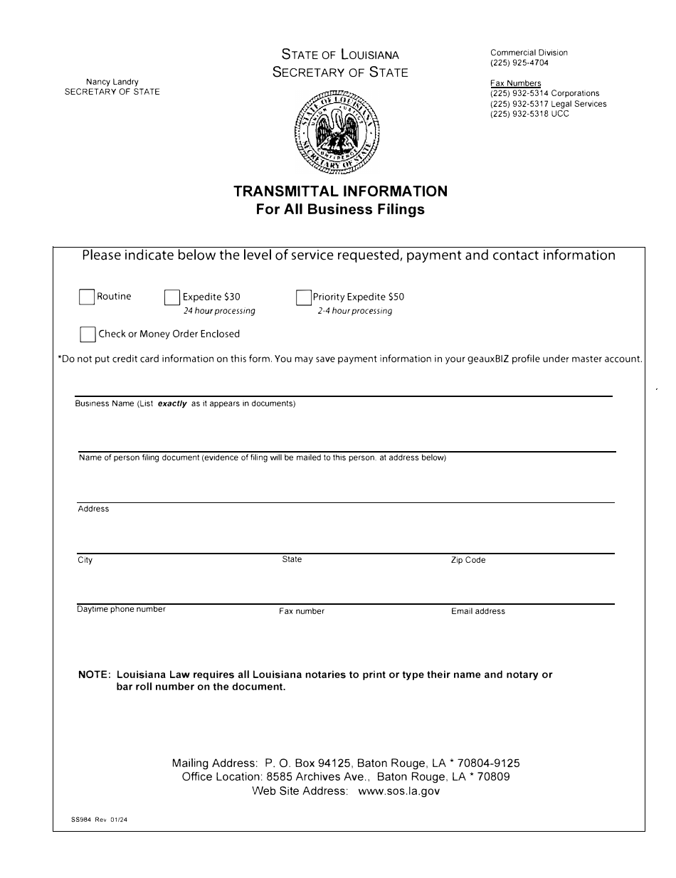 Form SS398 Reservation of Corporate / Limited Liability Company / L3c / Partnership Name - Louisiana, Page 1
