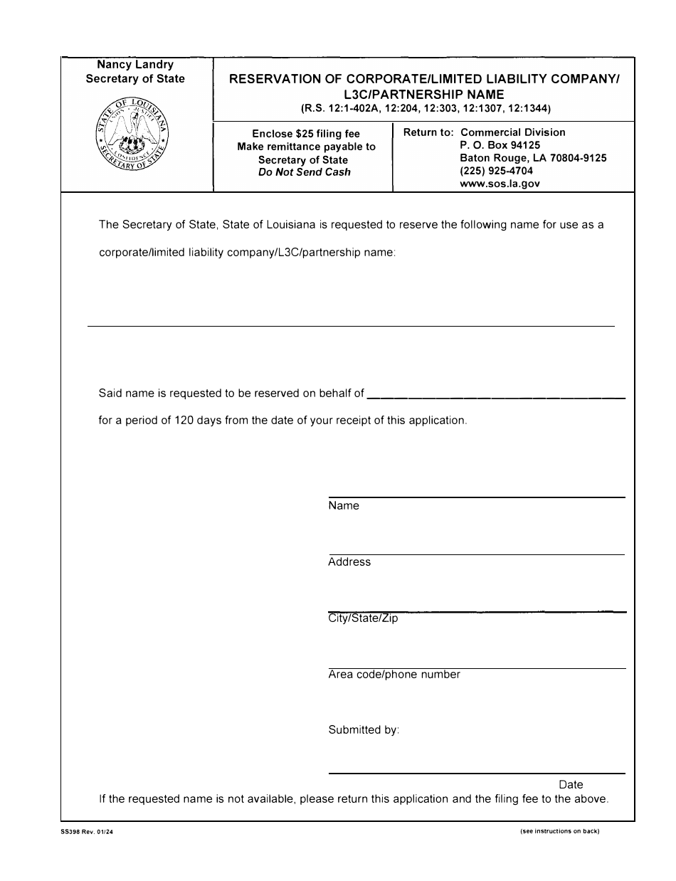 Form SS398 Reservation of Corporate / Limited Liability Company / L3c / Partnership Name - Louisiana, Page 2
