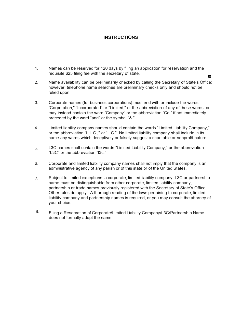 Form SS398 Reservation of Corporate / Limited Liability Company / L3c / Partnership Name - Louisiana, Page 3