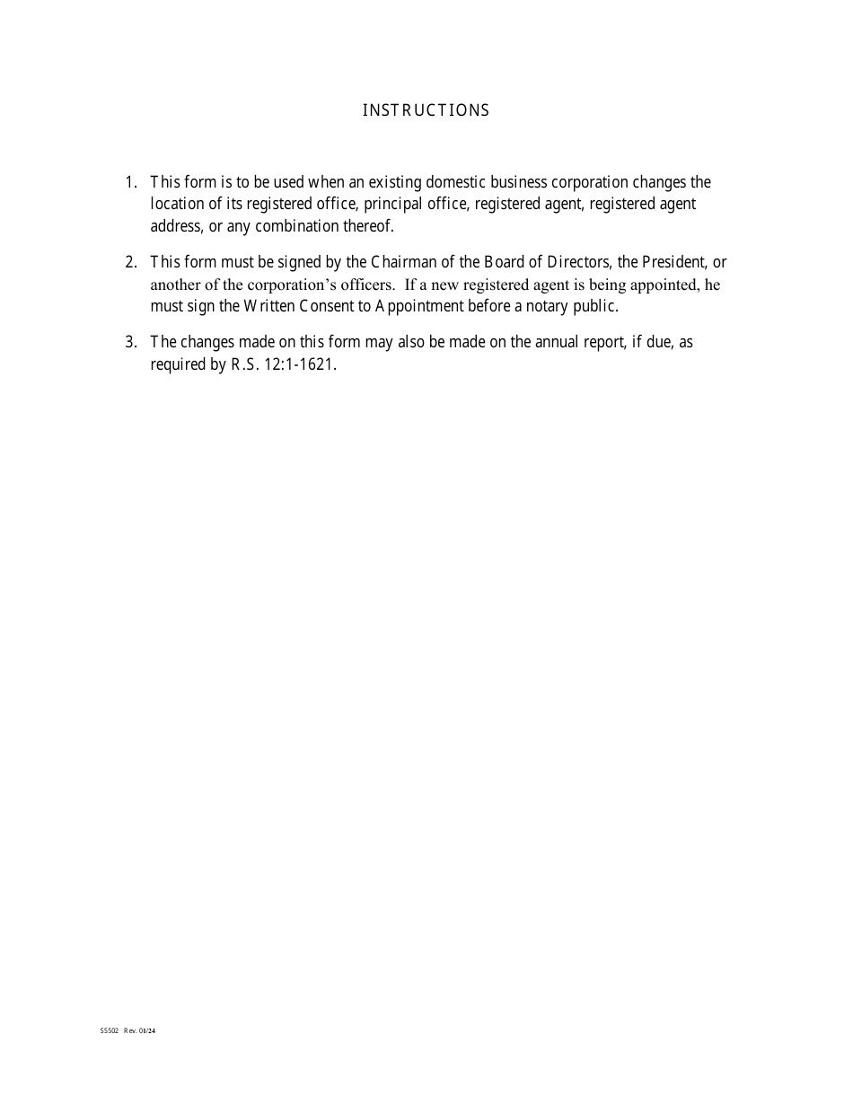 Form SS502 Statement of Change of Registered Office, Principal Office, and / or Change of Registered Agent (By Corporation) - Louisiana, Page 3