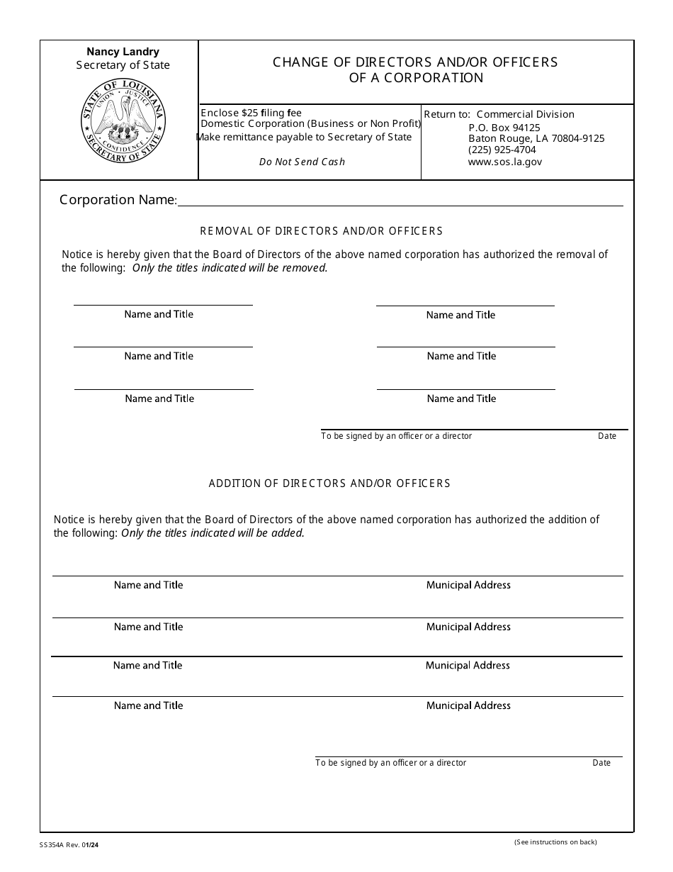 Form SS354A Change of Directors and / or Officers of a Corporation - Louisiana, Page 2