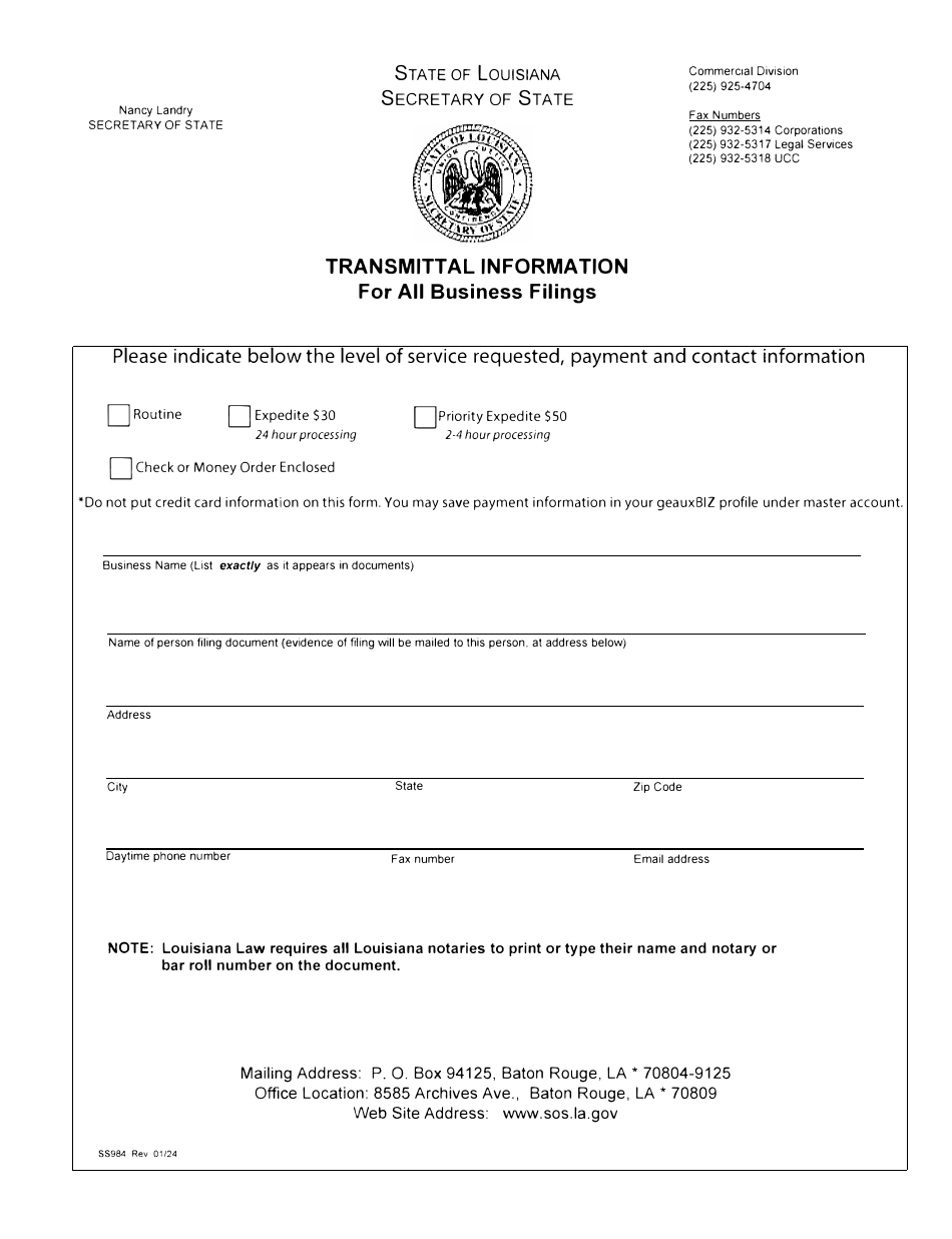 Form SS366 Limited Liability Company Supplemental Initial Report - Louisiana, Page 1