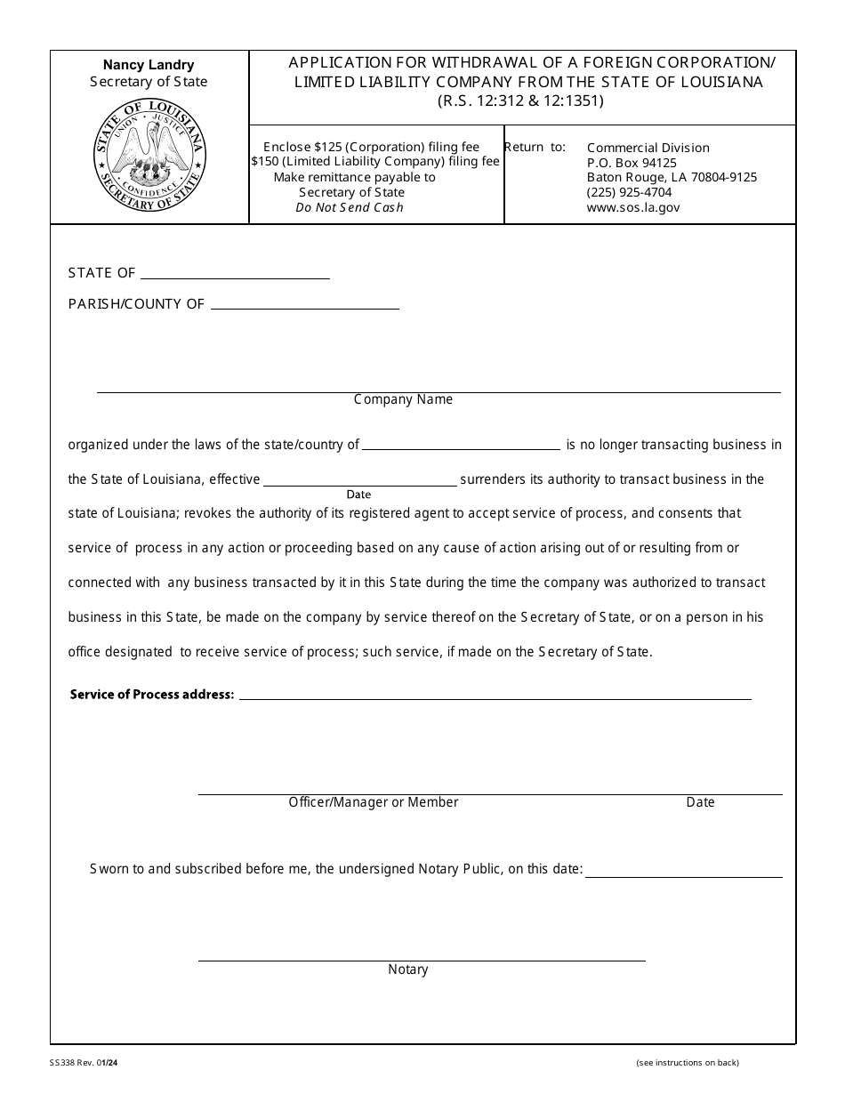 Form SS338 Application for Withdrawal of a Foreign Corporation / Limited Liability Company From the State of Louisiana - Louisiana, Page 2