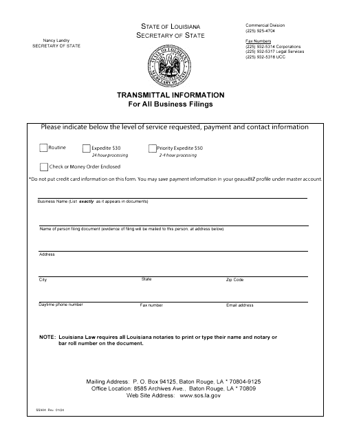 Form SS396 Application for Reservation of Trade Name Trademark or Service Mark - Louisiana