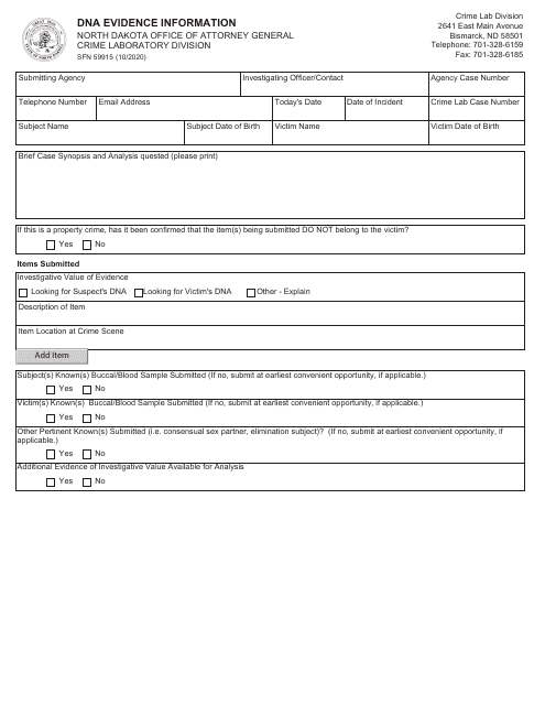 Form SFN59915 Dna Evidence Information - North Dakota