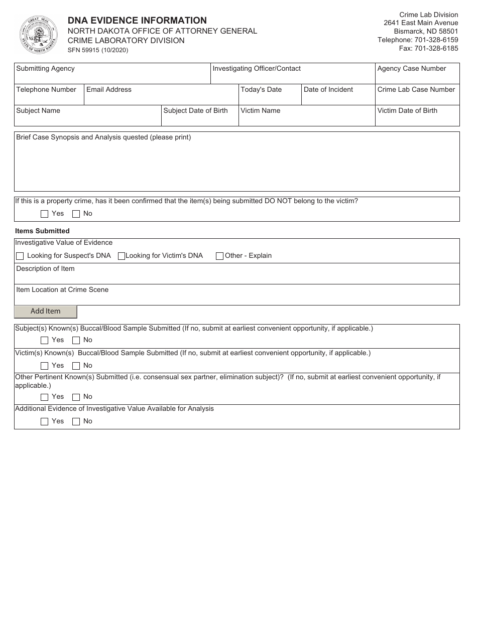 Form SFN59915 Dna Evidence Information - North Dakota, Page 1