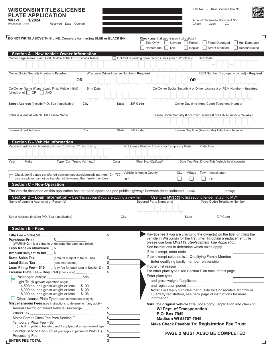 Form MV1 Wisconsin Title  License Plate Application - Wisconsin, Page 3
