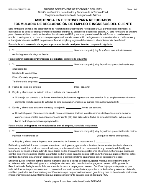 Formulario RRP-1018A-S Asistencia En Efectivo Para Refugiados Formulario De Declaracion De Empleo E Ingresos Del Cliente - Arizona (Spanish)