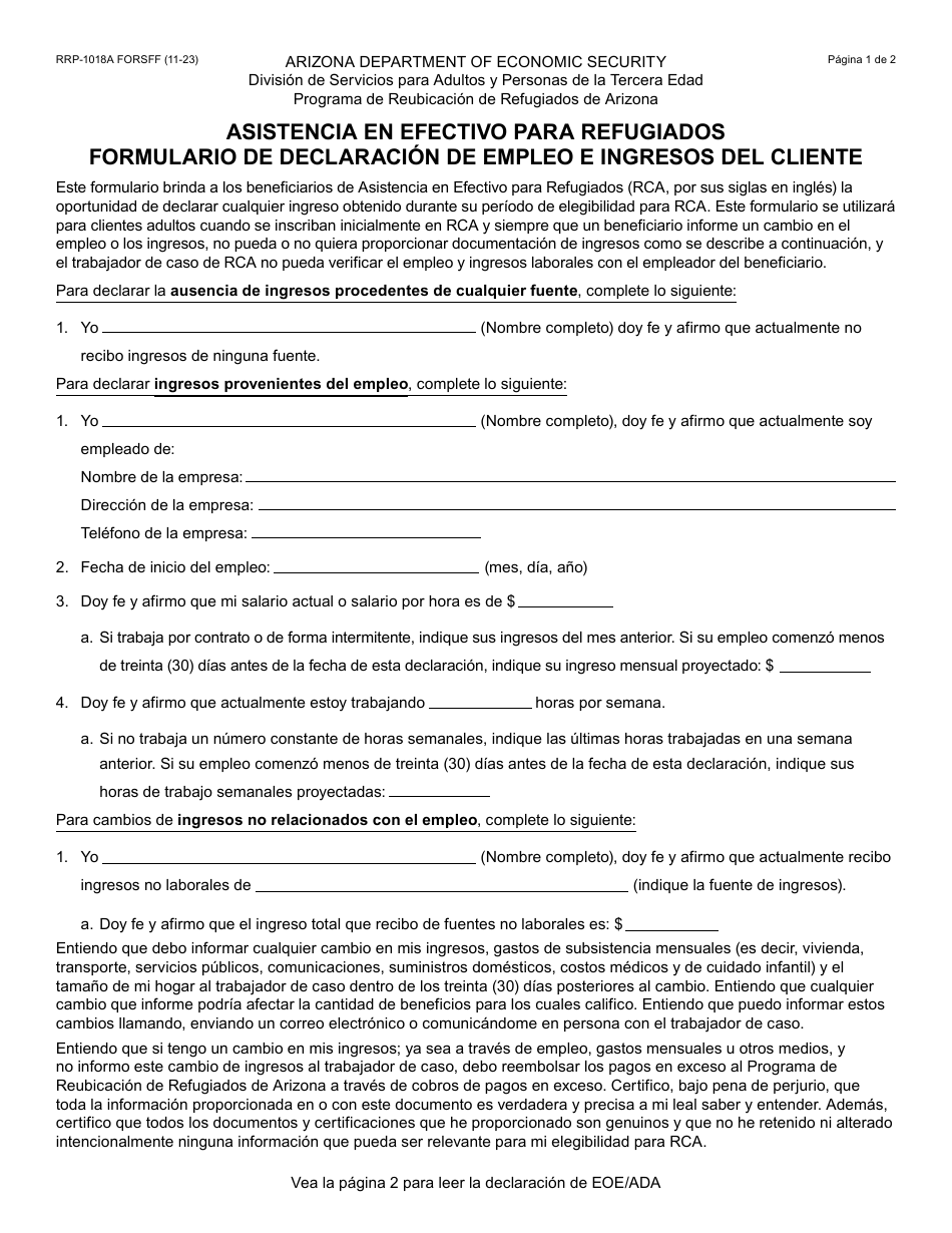 Formulario RRP-1018A-S Asistencia En Efectivo Para Refugiados Formulario De Declaracion De Empleo E Ingresos Del Cliente - Arizona (Spanish), Page 1