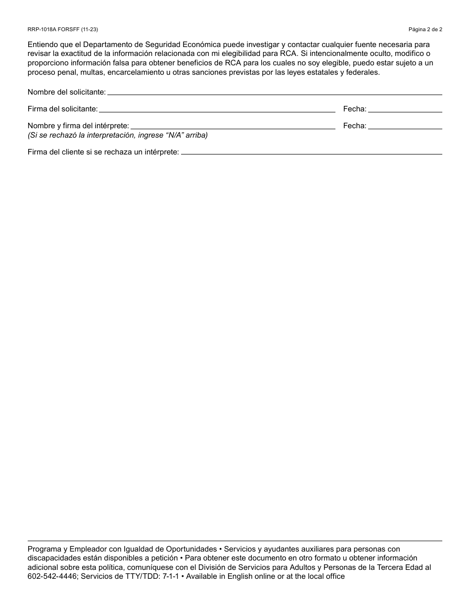 Formulario RRP-1018A-S Asistencia En Efectivo Para Refugiados Formulario De Declaracion De Empleo E Ingresos Del Cliente - Arizona (Spanish), Page 2