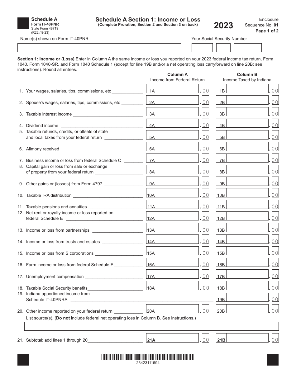 Form IT-40PNR (State Form 48719) Schedule A Income / Loss, Proration  Adjustments to Income - Indiana, Page 1